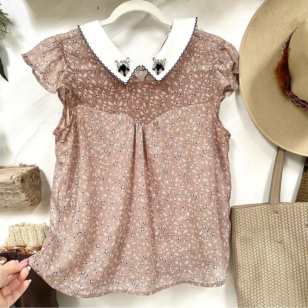 Parisian Shabby chin boho Prairie blouse w jewel collar - Picture 7 of 11
